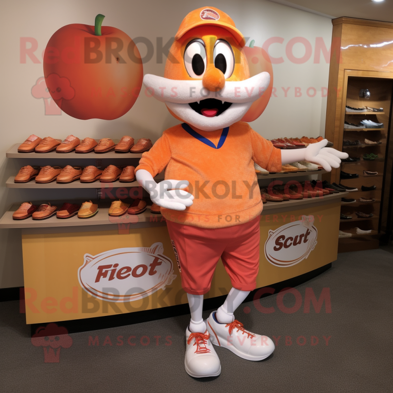 Peach Steak mascot costume character dressed with a Henley Tee and Shoe clips Peach Steak mascot costume character dressed with a Henley Tee and Shoe clips