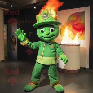 Green Fire Eater mascot costume character dressed with a Playsuit and Hats