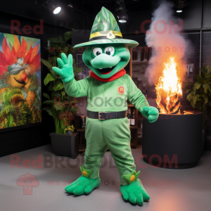 Green Fire Eater mascot costume character dressed with a Playsuit and Hats