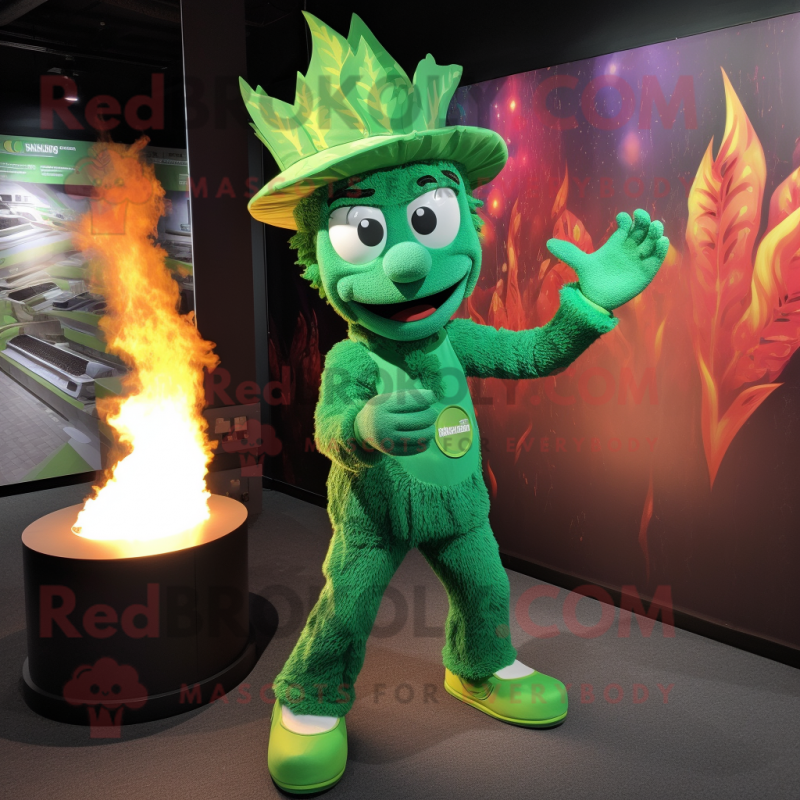 Green Fire Eater mascot costume character dressed with a Playsuit and Hats