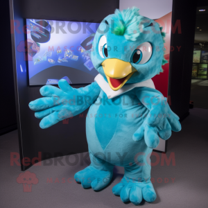 Cyan Eagle mascot costume character dressed with a Playsuit and Wraps
