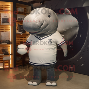 Gray Humpback Whale mascot costume character dressed with a Rugby Shirt and Hairpins