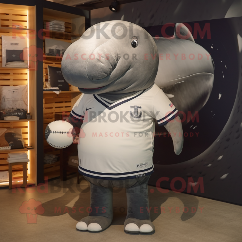 Gray Humpback Whale mascot costume character dressed with a Rugby Shirt and Hairpins