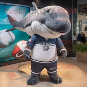 Gray Humpback Whale mascot costume character dressed with a Rugby Shirt and Hairpins