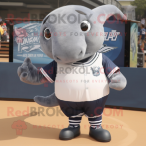 Gray Humpback Whale mascot costume character dressed with a Rugby Shirt and Hairpins