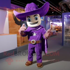 Purple Cowboy mascot costume character dressed with a Hoodie and Mittens