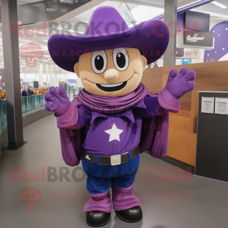 Purple Cowboy mascot costume character dressed with a Hoodie and Mittens