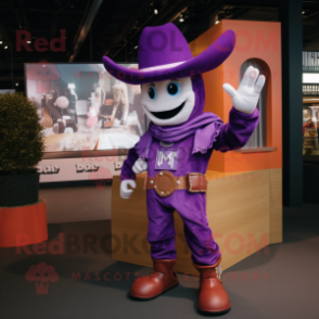 Purple Cowboy mascot costume character dressed with a Hoodie and Mittens