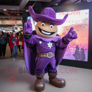 Purple Cowboy mascot costume character dressed with a Hoodie and Mittens