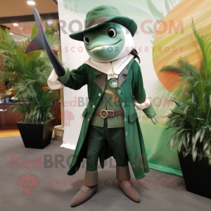 Forest Green Swordfish mascot costume character dressed with a Coat and Pocket squares
