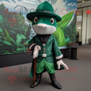 Forest Green Swordfish mascot costume character dressed with a Coat and Pocket squares