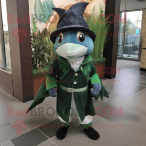Forest Green Swordfish mascot costume character dressed with a Coat and Pocket squares