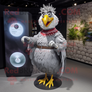 Gray Rooster mascot costume character dressed with a Maxi Skirt and Bracelet watches