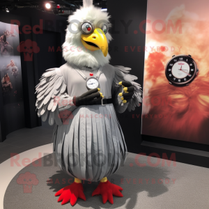 Gray Rooster mascot costume character dressed with a Maxi Skirt and Bracelet watches