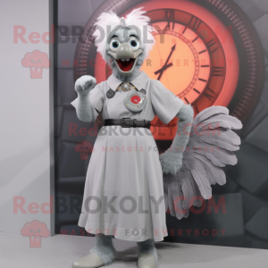 Gray Rooster mascot costume character dressed with a Maxi Skirt and Bracelet watches