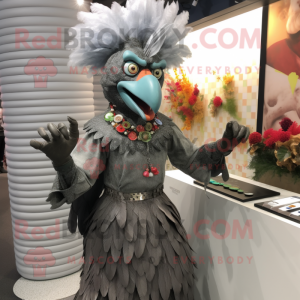 Gray Rooster mascot costume character dressed with a Maxi Skirt and Bracelet watches