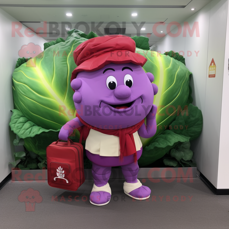 Red Cabbage mascot costume character dressed with a Polo Shirt and Briefcases