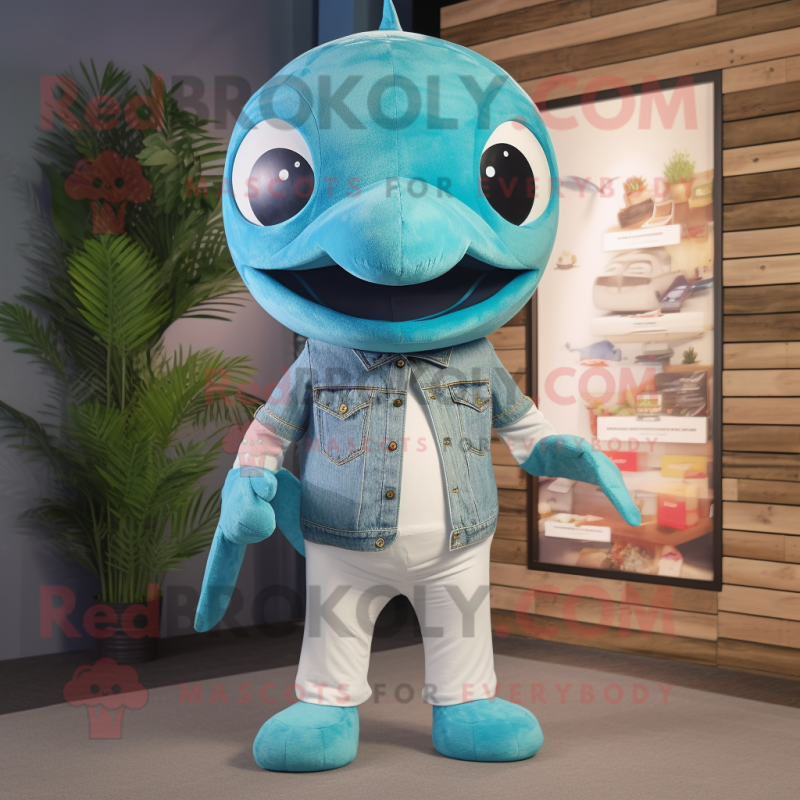 Turquoise Killer Whale mascot costume character dressed with a Denim Shorts and Ties