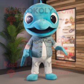 Turquoise Killer Whale mascot costume character dressed with a Denim Shorts and Ties