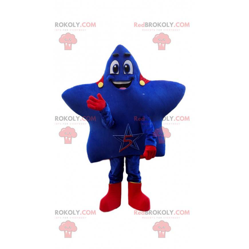 Mascota estrella azul con capa roja, disfraz de super estrella