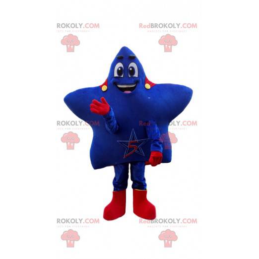 Mascote estrela azul com capa vermelha e fantasia de super