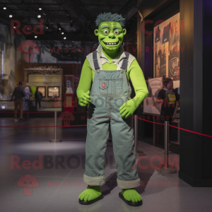 Lime Green Frankenstein'S Monster mascot costume character dressed with a Dungarees and Lapel pins