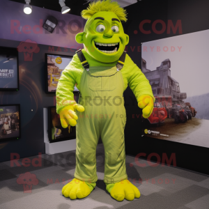 Lime Green Frankenstein'S Monster mascot costume character dressed with a Dungarees and Lapel pins