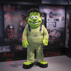 Lime Green Frankenstein'S Monster mascot costume character dressed with a Dungarees and Lapel pins