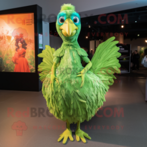 Lime Green Pheasant mascot costume character dressed with a Evening Gown and Earrings