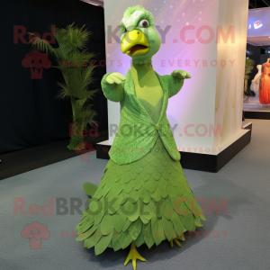 Lime Green Pheasant mascot costume character dressed with a Evening Gown and Earrings