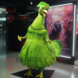 Lime Green Pheasant mascot costume character dressed with a Evening Gown and Earrings