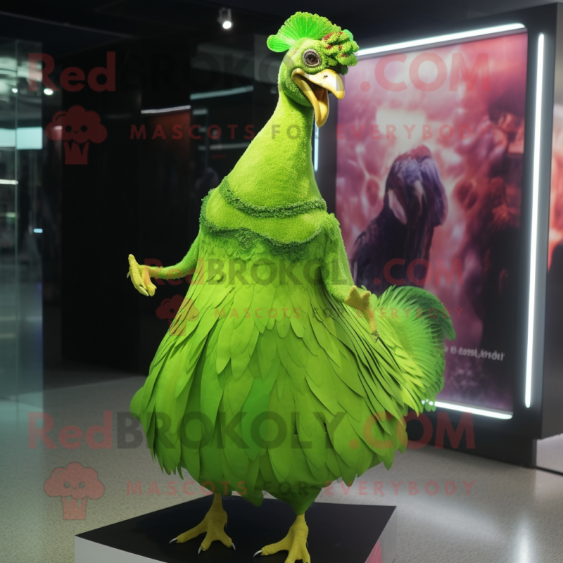 Lime Green Pheasant mascot costume character dressed with a Evening Gown and Earrings Lime Green Pheasant mascot costume character dressed with a Evening Gown and Earrings
