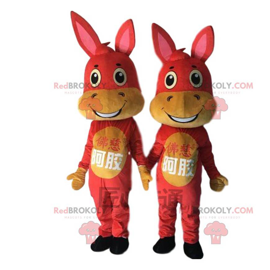 2 mascots of red and yellow donkeys, donkey costumes -
