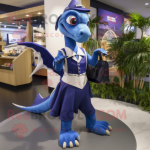 Navy Dimorphodon mascot costume character dressed with a A-Line Skirt and Messenger bags