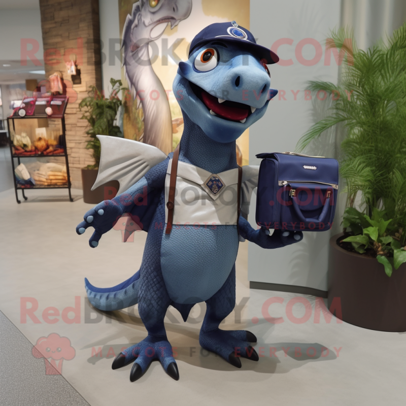 Navy Dimorphodon mascot costume character dressed with a A-Line Skirt and Messenger bags