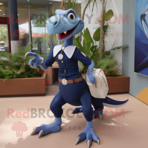 Navy Dimorphodon mascot costume character dressed with a A-Line Skirt and Messenger bags