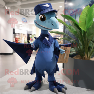 Navy Dimorphodon mascot costume character dressed with a A-Line Skirt and Messenger bags