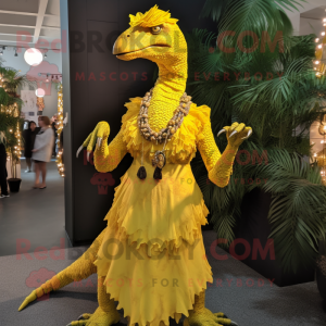 Yellow Velociraptor mascot costume character dressed with a Wrap Dress and Necklaces