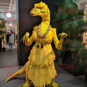 Yellow Velociraptor mascot costume character dressed with a Wrap Dress and Necklaces