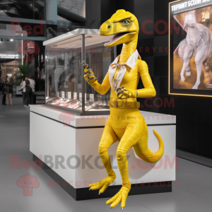Yellow Velociraptor mascot costume character dressed with a Wrap Dress and Necklaces
