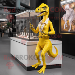 Yellow Velociraptor mascot costume character dressed with a Wrap Dress and Necklaces