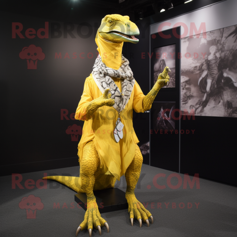 Yellow Velociraptor mascot costume character dressed with a Wrap Dress and Necklaces