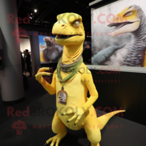 Yellow Velociraptor mascot costume character dressed with a Wrap Dress and Necklaces