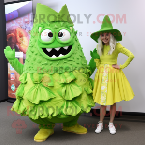 Lime Green Nachos mascot costume character dressed with a Dress and Brooches