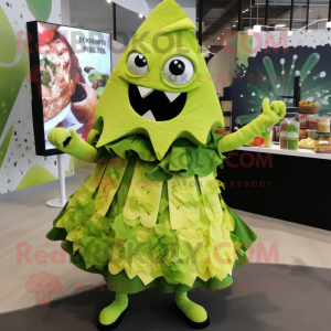 Lime Green Nachos mascot costume character dressed with a Dress and Brooches