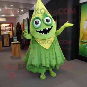 Lime Green Nachos mascot costume character dressed with a Dress and Brooches