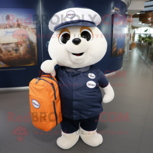 Navy Apricot mascot costume character dressed with a Henley Shirt and Messenger bags