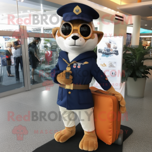 Navy Apricot mascot costume character dressed with a Henley Shirt and Messenger bags