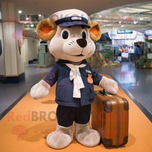 Navy Apricot mascot costume character dressed with a Henley Shirt and Messenger bags