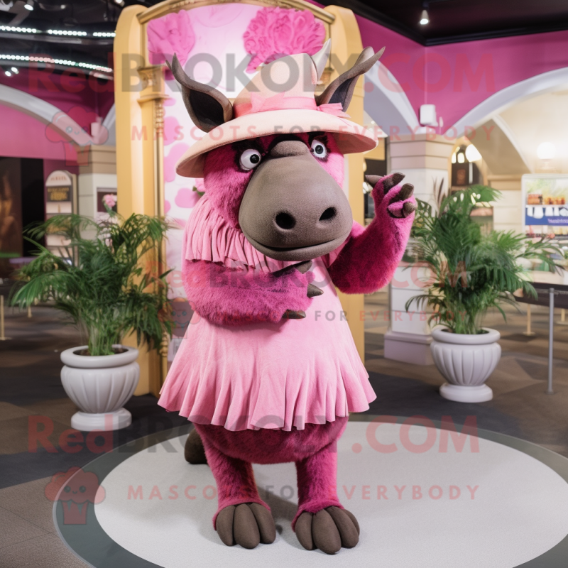 Pink Woolly Rhinoceros mascot costume character dressed with a Pencil Skirt and Hats